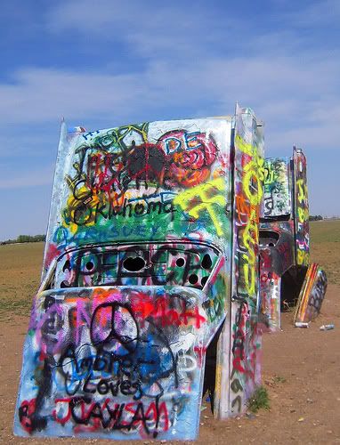 Cadillac Ranch with the latest graffiti on Stanley Marsh’s  Cadillac’s