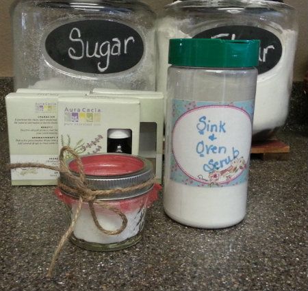 Baking soda from tabletop air freshners being reused a sink and oven scrub
