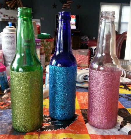 Empty Soda & Beer Bottles Decorated in Glitter to repurposed as Vases