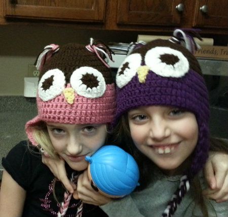 Finished Crochet Owl Hats on Girls made with Free Pattern