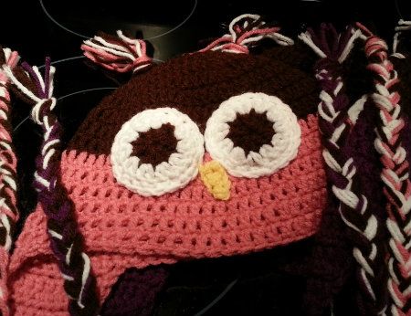 Finished Pink Crochet Owl Hat made with Free Pattern
