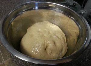 kneaded bread in oiled pan waiting to rise