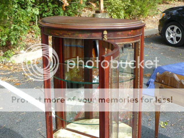Antique Louis XV XVI Curved Glass Paint Decorated Vernis Martin Curio Cabinet