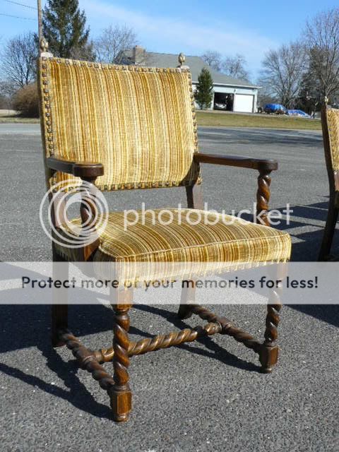 Antique Solid Oak Jacobean Barley Twist Upholstered Dining Chairs