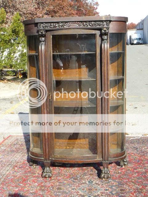 Antique Oak Curved Glass Curio China Cabinet Carved Lion Heads Paw Feet